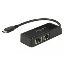 Delock Adaptér Super Speed USB (USB 3.1 Gen 1) s USB Type-C™ samec > 2 x Gigabit LAN 10/100/1000 Mbps
