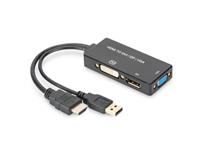 Digitus HDMI Kabelový převodník , HDMI - DP+DVI+VGA M-F/F/F, 0,2 m, Multi-Media 3v1, CE, bl, zlato