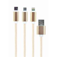 Kabel CABLEXPERT USB A Male/Micro B + Type-C + Lightning, 1,8m, opletený, zlatý, blister