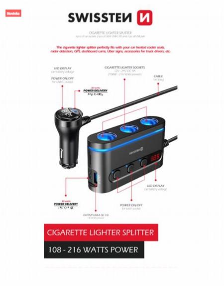 SWISSTEN AUTOADAPTÉR S VÝSTUPEM 3x CL, 2x UCB-C