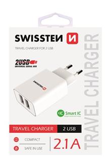 SWISSTEN SÍŤOVÝ ADAPTÉR SMART IC, CE 2x USB 2,1 A POWER BÍLÝ