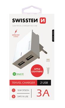 SWISSTEN SÍŤOVÝ ADAPTÉR SMART IC, CE 2x USB 3 A POWER BÍLÝ + DATOVÝ KABEL SWISSTEN USB / LIGHTNING 1,2 M BÍLÝ