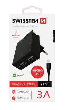 SWISSTEN SÍŤOVÝ ADAPTÉR SMART IC, CE 2x USB 3 A POWER ČERNÝ+ DATOVÝ KABEL SWISSTEN USB / MICRO USB 1,2 M ČERNÝ