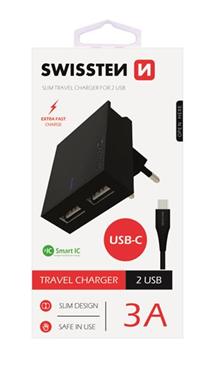 SWISSTEN SÍŤOVÝ ADAPTÉR SMART IC, CE 2x USB 3 A POWER ČERNÝ + DATOVÝ KABEL SWISSTEN USB / TYPE C 1,2 M ČERNÝ
